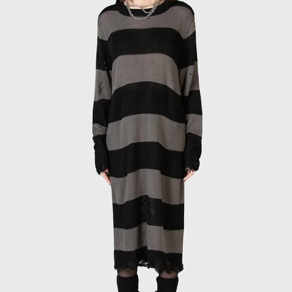 Killstar Dresses & Skirts - Killstar Within Souls sweater dress striped gray black distressed